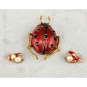 Vintage Ladybug Brooch Lot Black Red Enamel Faux Pearl Signed Roman